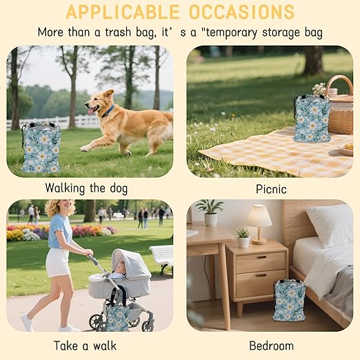 Blooming Flowers Car Trash Bag, Hanging Drawstring Car Garbage Bag,Canvas Car Back Seat Organizer with Adjustable Buckle for Men and Women