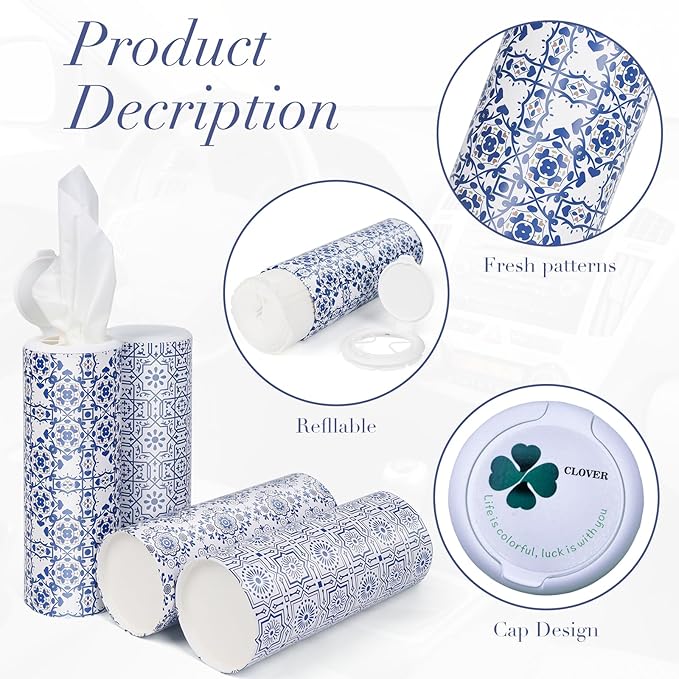 Car Tissue Holder with Facial Tissues Bulk,Travel Tissues, Round Tissue Box for Car, 4 Tubes Car Tissues with Lotion, Paper Towels Holder for car,Car tissues Cylinder