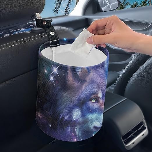 Small Trash Can for Car Wolf Galaxy Print Automotive Accessories for Interior Organizer Truck SUV RV Vehicle Home Office Small Portable Hanging Garbage Bags