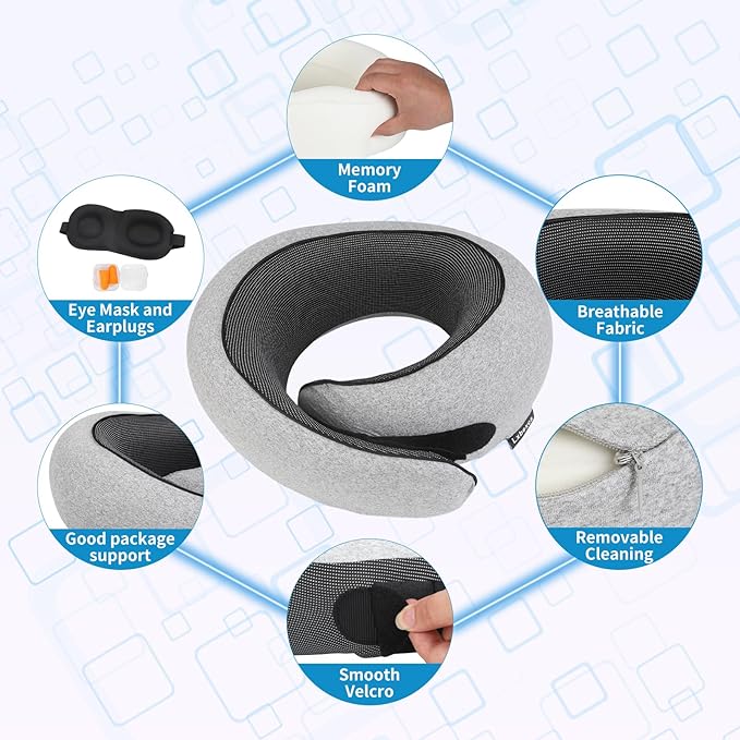 100% Memory Foam Neck Travel Pillow, Neck Pillow Airplane with Eye Mask & Ear Plugs, Ergonomic Portable Design, 360° Support Stowable Pillows Best for Travel Pillow for Plane, Car, Home, Work