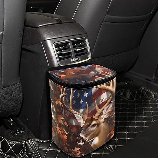 Camo Deer Car Trash Can American Flag Trash Bin with Zip Closure Hanging Vehicles Boat Camping Picnic Storage Organizer Bag Automotive Accessories