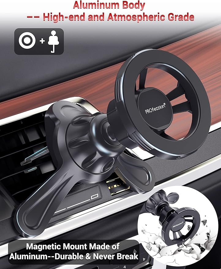 PROfezzion for Metal MagSafe Car Mount, Deluxe Magnetic Phone Holder for Your Car Air Vent or Dashboard Compatible with iPhone 17 16 15 14 13 12 Pro Max Plus Air & All Cell Phones, Ultra Stable Design