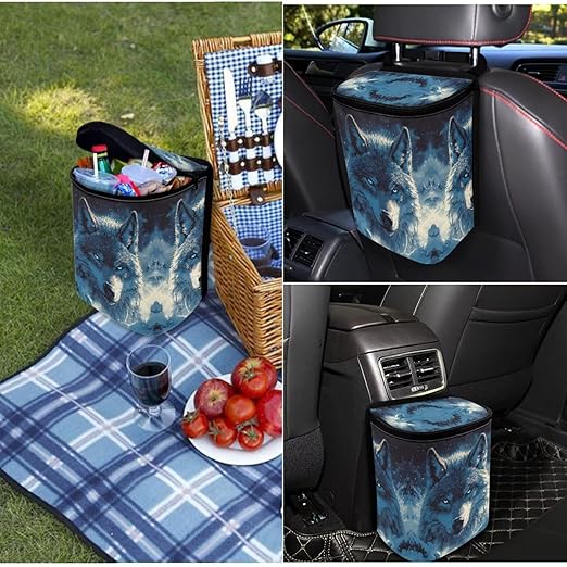 1.2 Gallons Car Organizers and Storage, Wolf Head Print Car Garbage Bin, Adjustable Hanging for Tail of Console/Back of Seats, Easy to Install, Odor-Free with Zipper Leak-Proof Design