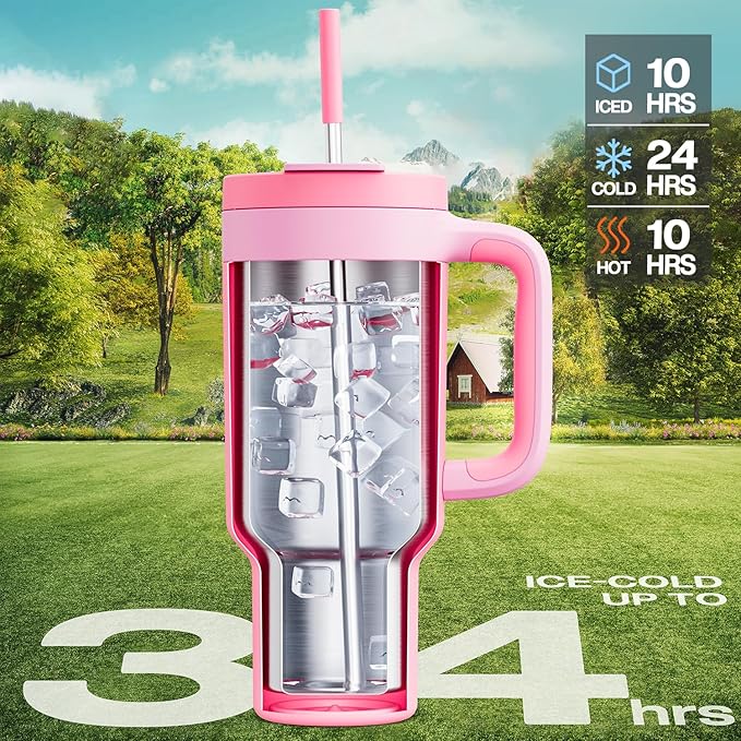 POWCAN 40 oz Tumbler with Handle, 2-in-1 Straw and Sip Lid, Leakproof, Dishwasher Safe, Insulated Stainless Steel Travel Coffee Mug, Keeps Cold for 34 Hours, Fits in Car Cup Holder (Coral)