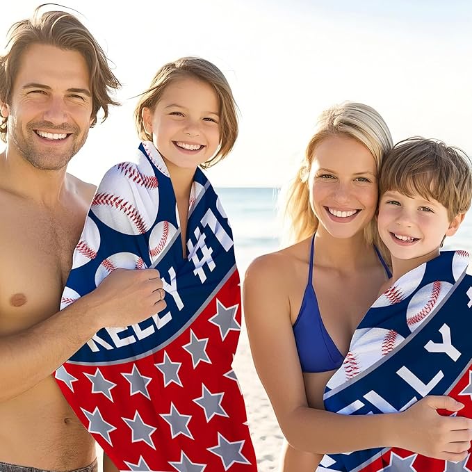 Personalized Beach Towel With Name, Custom Beach Towel with Name, Customized Baseball Microfiber Pool Towel, Quick Dry & Absorbent Swim Towel for Adult,Anniversary, Birthday, Summer Holiday,vacation