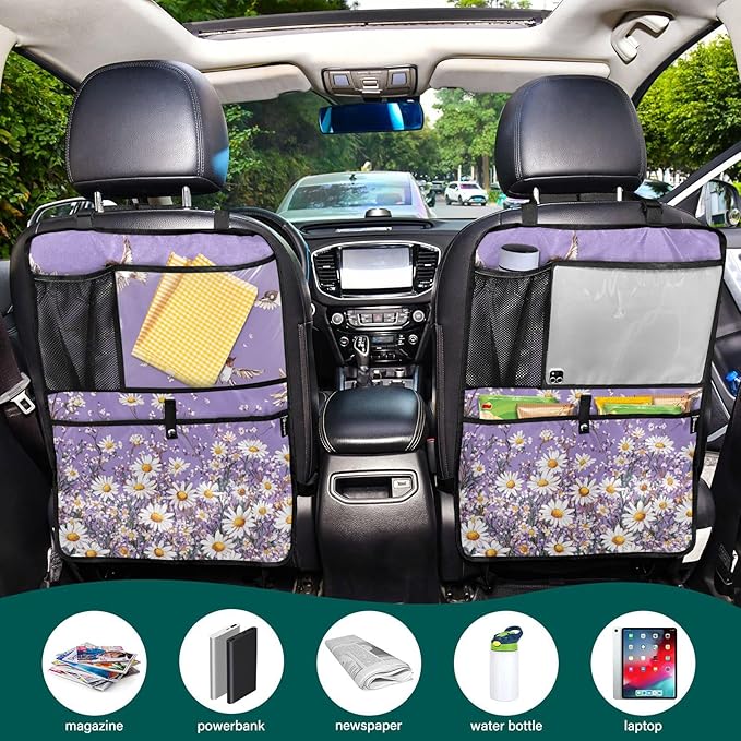 Purple Daisy Flowers and Flying Birds 2 Pack Backseat Car Organizer with Storage Pockets Seat Back Organizers for Kids Kick Mats Backseat Protector Automotive