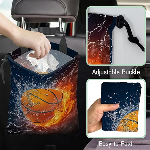 Basketball Car Trash Bag,Fire Ball Hanging Drawstring Car Garbage Bag,Waterproof Canvas Car Back Seat Organizer with Adjustable Buckle,for Vehicles,SUVs,Camping,Road Trips