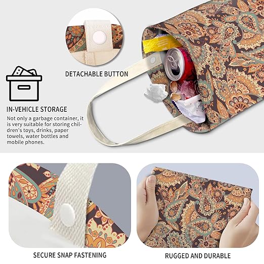 Cute Car Trash Can, Hanging Canvas Car Back Seat Organizer and Storage Bag, Funny Car Trash Bag for Travelling, Outdoor Boho Paisley Flower