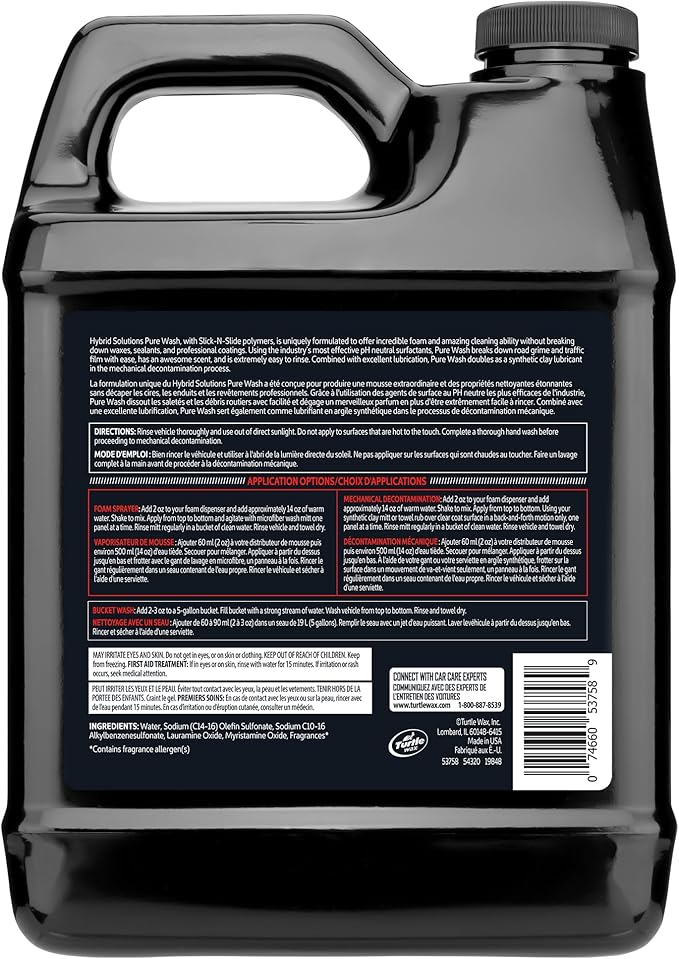 Turtle Wax Hybrid Solutions Pure Wash, pH Neutral Extreme Foaming Car Wash Soap, Bucket or Foam Cannon Application, Won't Strip Waxes or Coatings, Clay Bar Lubricant, Spot-Free Clean, 64 fl oz