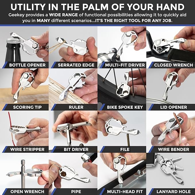 Geekey Keychain Multitool – EDC Tool with 16+ Functions | Small Bottle Opener keychain with Screwdriver, Wrench, and Box Cutter for Travel, Outdoor, and Everyday Use – TSA Safe