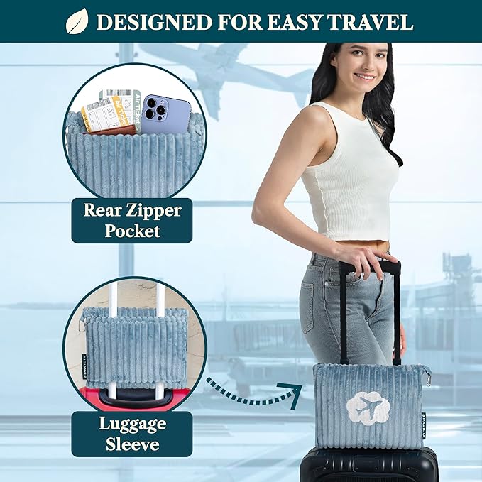 PAVILIA Travel Blanket Pillow in Soft Bag with Pockets, Airplane Blanket Set, Plane Blanket Compact Packable, Flight Essentials Car Pillow, Travelers Accessories Gifts, Luggage Strap, Dusty Light Blue