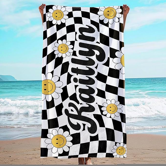 JML Personalized Beach Towel with Name, Custom Flower Beach Towel, Customized Microfiber Pool Towel, Quick Dry & Absorbent Swim Towel for Adult,Mother's Day, Birthday, Summer Holiday,Vacation