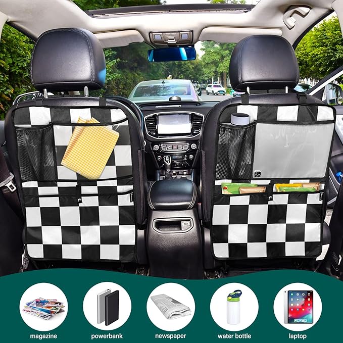1 Pack Back Seat Car Organizer with Storage Pockets Kick Mats Back Seat Protector Hanging Car Organizer Automotive Seat Back Cover Organizers Checkered Black and White
