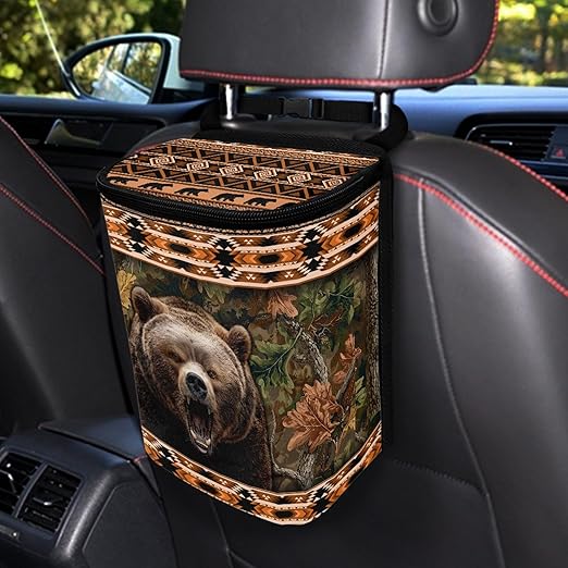 Southwest Aztec Tribal Bear Car Garbage Can with Adjustable Straps Zip Closure Car Trash Bin Multipurpose Storage Box for Travel Camping Picnicing