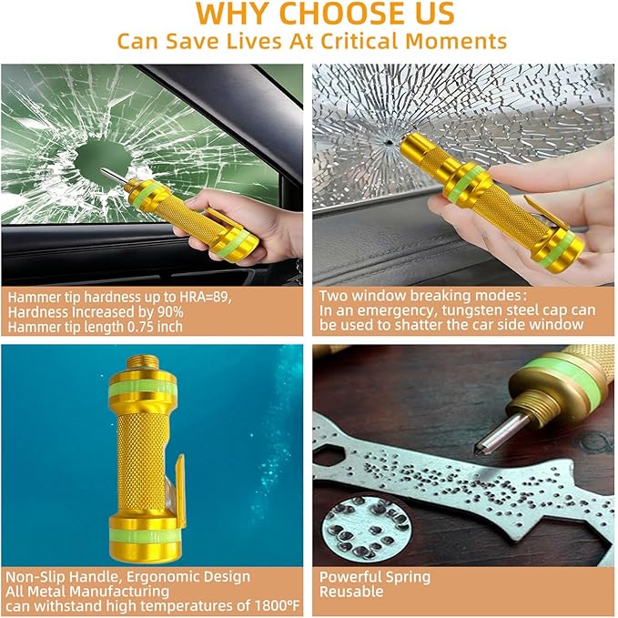 2-in-1 Window Breaker Seatbelt Cutter, Car Window Breaker Tool, Metal Glass Breaker - Extended Tungsten Steel Hammer Tip, Can Shatter Tempered & Laminated Glass (Gold,1 PCS)