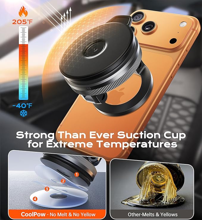 Coolpow【Newest Nano Gel Suction Cup Vacuum Magnetic Phone Holder for Car Phone Holder Mount【Movable Suction】Magsafe Car Mount Cell Phone Holders for Your Car Accessories for iPhone 17 Pro Max 16 15 14