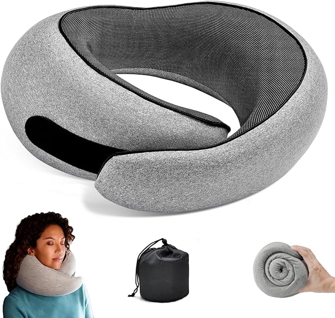 Travel Neck Pillows, Memory Foam Neck Travel Pillow for Airplanes,360° Ergonomic Design, Compact & Portable Support for Airplane, Car Rides, Office - Gray