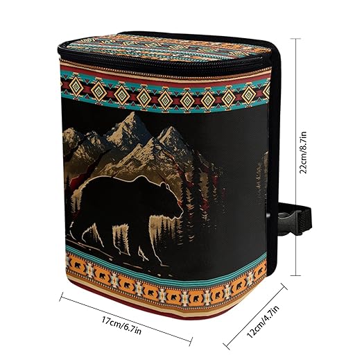 Southwest Aztec Bear Car Trash Can with Lid Portable Garbage Can Hanging for Headrest Leakproof Organizer and Storage Bag Automobile Accessories