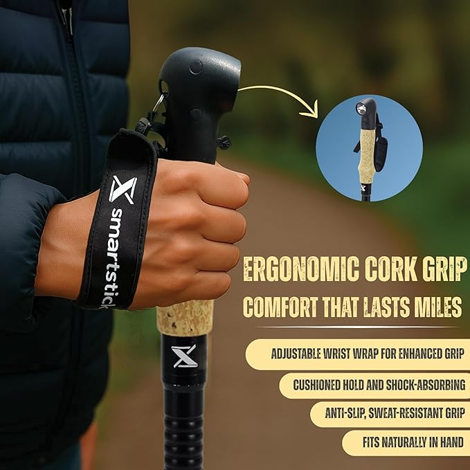 Collapsible Tactical Walking Stick with LED Light, USB Charging, Cork Grip, and Survival Tools – Aircraft Aluminum Trekking Pole for Hiking, Camping, Outdoors & Self Defense