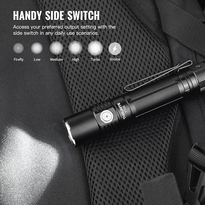 ThruNite TT20 Tactical Dual Switch LED Flashlight, High 2010 Lumens, Long 305 Meters Beam Distance, USB-C Rechargeable Flashlight Compact for Hunting, Hiking - Black CW