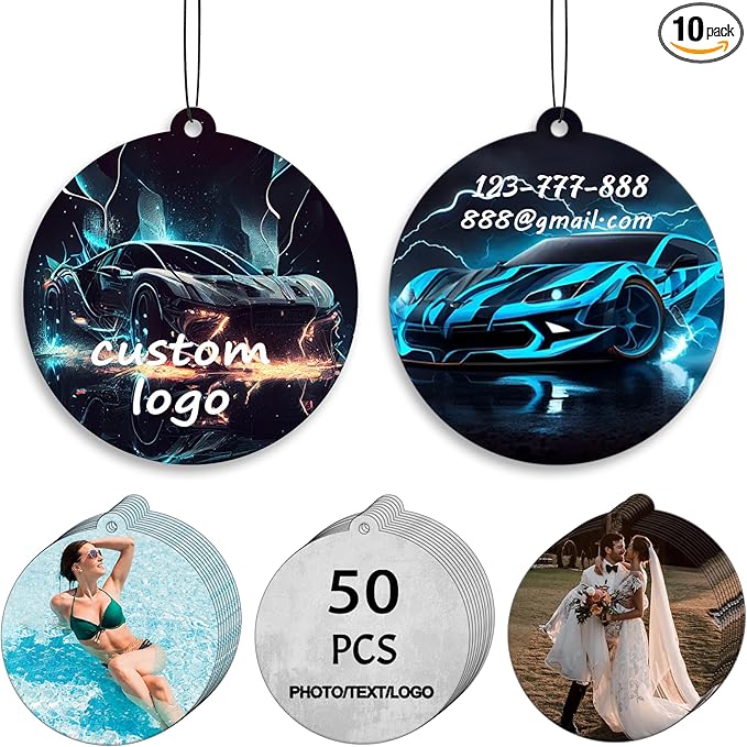 10/50/100Pcs Custom Logo Car Air Fresheners Bulk, Wholesale Personalized Double-Sided Car Air Fresheners with Photo/Text/Business Logo, Suitable for Truck and Car Drivers (50-Round)