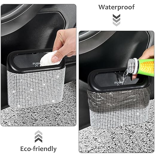 Accmor Bling Car Trash Can with Lid, Mini Auto Garbage Storage Bin with 60pcs Garbage Bags, Sparkling Crystal Trash Bags Holder Dustbin Vehicle Accessories Container Organizer (White Rhinestone)