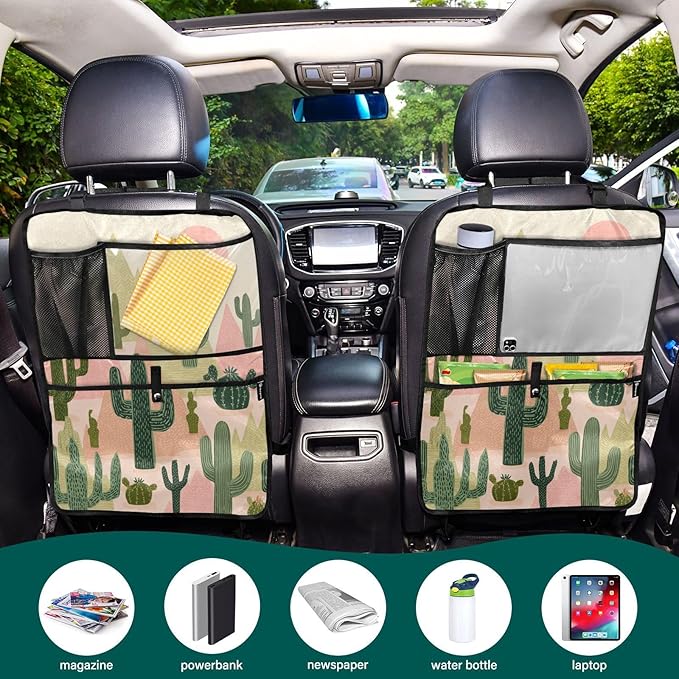 1 Pack Back Seat Car Organizer with Storage Pockets Kick Mats Back Seat Protector Hanging Car Organizer Automotive Seat Back Cover Organizers Boho Cacti Mountains Sun
