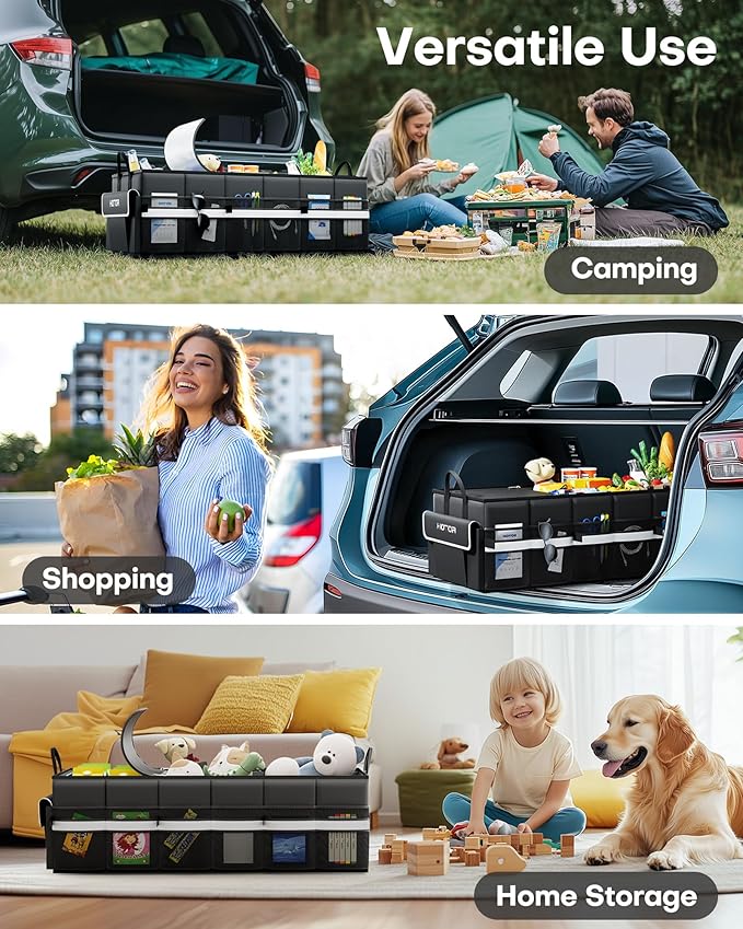 HOTOR Trunk Organizer - Car Organizer with Built-In Leakproof Car Cooler, Collapsible Trunk Organizer with Cooler for Car, SUV, Sedan, with Base Panel (3 Compartments, Black),31.9"×12.6"×10.6"