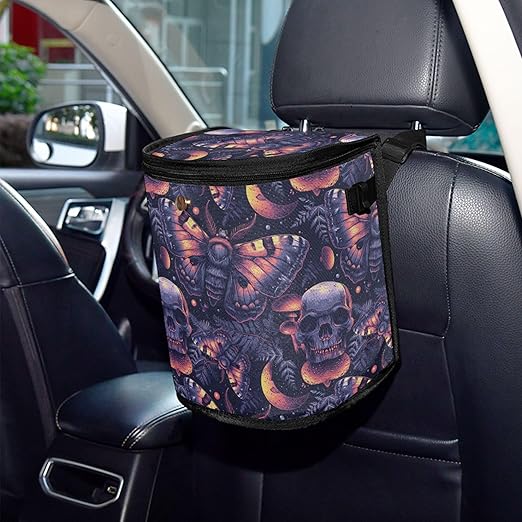 MNSRUU Car Trash Can with Lid, Gothic Skull Butterfly Car Trash Bag Hanging Organizers and Storage for Front Back Seat, Leak-Proof Trash Bin