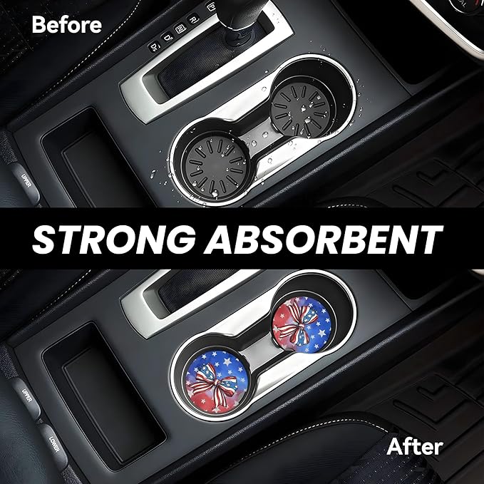 Absorbent Car Coasters for Cup Holders, 2 Pack Universal Anti Slip Ceramic Cup Coaster for Women Men 2.56 Inch Car Interior Accessories - Bow Tie Stars and Stripes 019