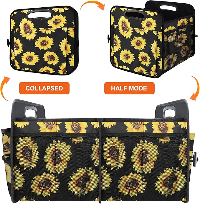 Trunk Organizer, Collapsible Trunk Organizers and Storage, Car Accessories for Women and Men, Multi-Compartment Trunk Storage Organizer for SUV, Car, Mini-Van - Sunflower