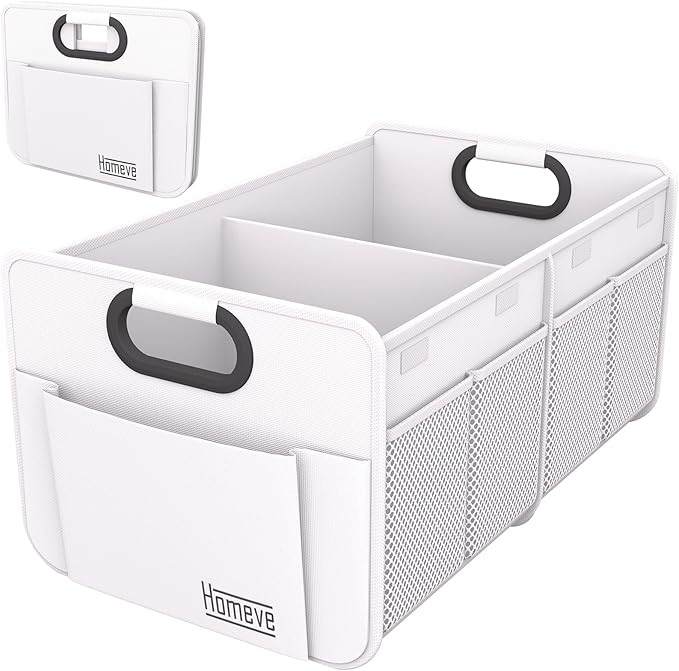 Homeve Car Trunk Organizer, Reinforced Handles, Collapsible Multi-Compartment Car Organizer, Foldable & Waterproof, 600D Oxford Polyester (White, 2 Compart-Small)