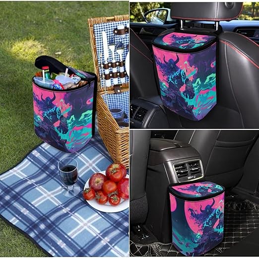 1.2 Gallons Car Trash Can for Back Seat, Hell Lord Hanging Car Trash Can, Adjustable Hanging for Tail of Console/Back of Seats, with Zipper Leak-Proof Lid Design, Mini Size for Convenience