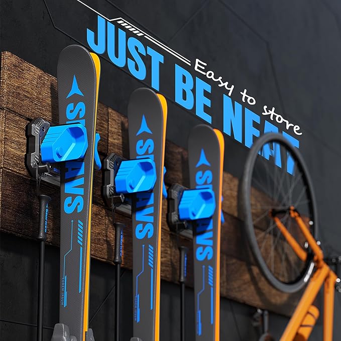 Ski & Snowboard Wall Rack for Garage Wall Fits Any Ski/board, Ski Wall Mount Holders Damage-Free Storage Rack, Garage Organization Space-Saving Winter Gear Organizer, Blue, 6 Pack