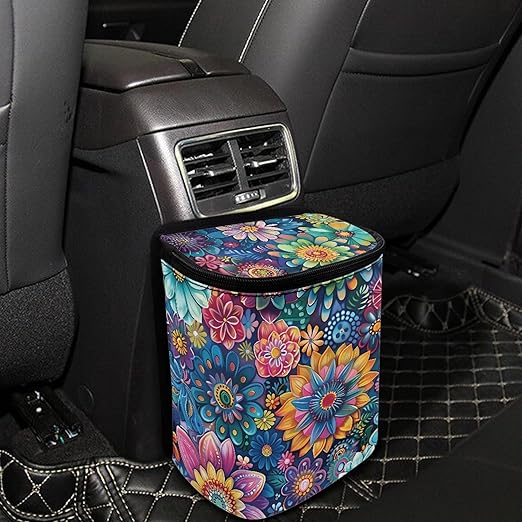 Vintage Boho Flower Car Trash Can with Lid Leak Proof Auto Trash Bag Hanging Vehicle Garbage Can Multipurpose Storage Container for Back Seat Road Trip