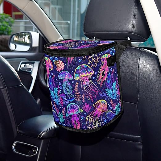 MNSRUU Car Trash Can with Lid, Jellyfish Car Trash Bag Hanging Organizers and Storage for Front Back Seat, Leak-Proof Trash Bin