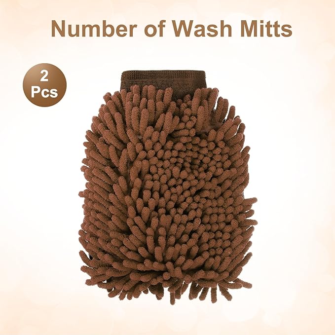 HARFINGTON 2pcs Chenille Microfiber Car Wash Mitts 9.8" x 7.9" Scratch Free Wash Gloves Absorbent Double Sided Plush Cleaning Drying Mitts for Car Washing Home Clean, Brown