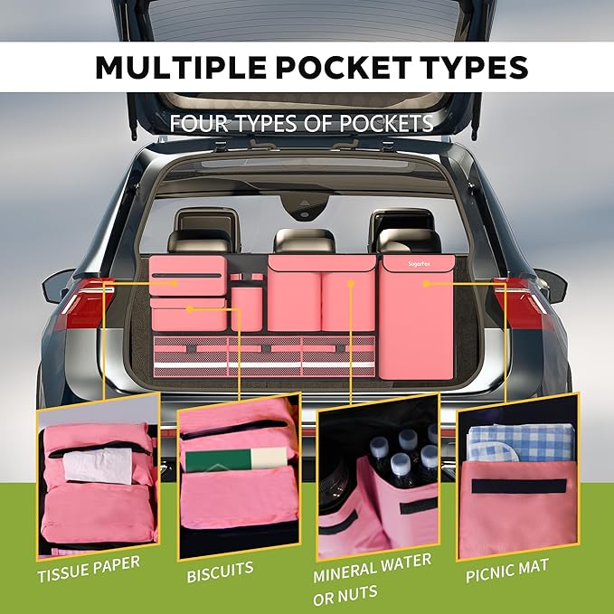Backseat Hanging Trunk Organizer for SUVs, Cars, Trucks & MPVs | Multi-Pocket Storage with Anti-Slip Straps | Space-Saving Auto Accessory | Gift for Men & Women | Pink, 37.8" x 18.1" - K230