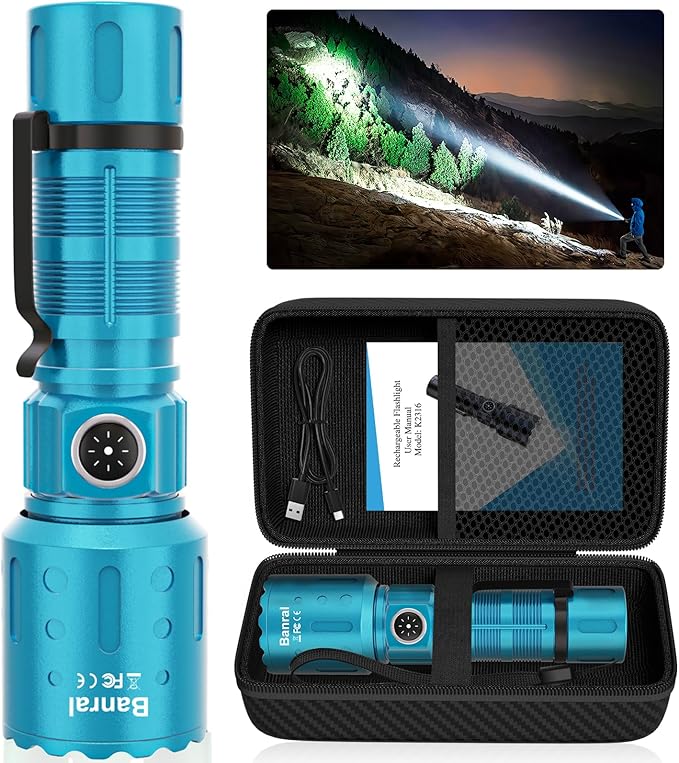 Banral Flashlights High Lumens Rechargeable, Super Bright Long Range Small Powerful Flashlight, 6 Modes LED Tactical Pocket Waterproof Flash Light for Home Emergency (1, Turquoise)
