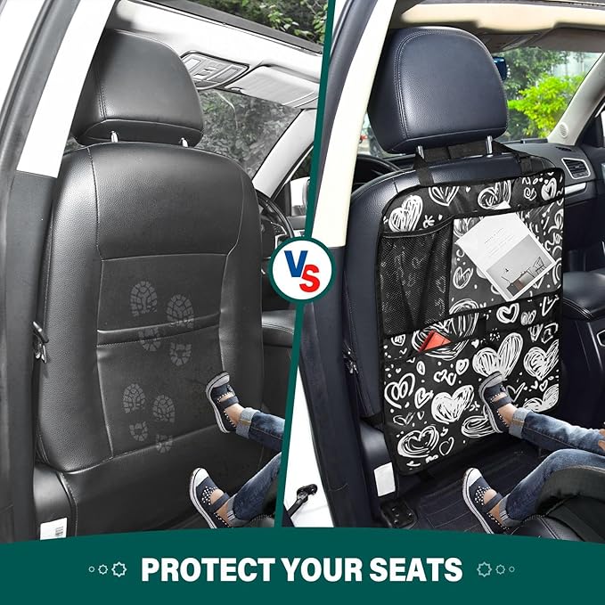 White Dodle Hearts 1 Pack Backseat Car Organizer with Storage Pockets Seat Back Organizers for Kids Kick Mats Backseat Protector Automotive