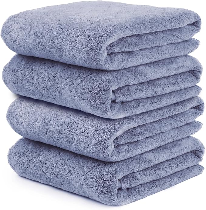 JML Bath Towels, Pack of 4, 30"x60", Large Microfiber Towel Set, Ultra Soft, Super Absorbent, Fast Drying, Perfect for Suana, Shower, Pool, Sport, Travel, Fitness, SPA,Yoga, Coral Fleece - Blue