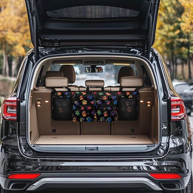 CLOHOMIN Colorful Dog Paw Car Trunk Organizer Cute Car Storage Bags Collapsible Car Trunk Tool Organizer Washable Cargo Bag with 4 Pockets Car Decorative Accessories