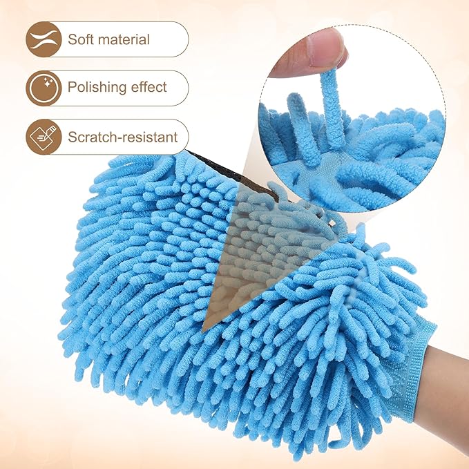 HARFINGTON Chenille Microfiber Car Wash Mitts 9.8" x 7.9" Scratch Free Wash Gloves Absorbent Double Sided Plush Cleaning Drying Mitts for Car Washing Home Clean, Light Blue