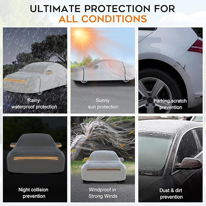 Waterproof Hatchback Car Cover: 6-Layer Protection from Rain, Snow, UV & Dust - Universal Fit up to 177 inches with Zipper Door & Windproof Straps for Outdoor, Garage, Travel Use,Silver