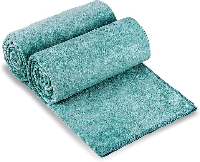 JML Large Bath Towels Set, 2 Pack, 30" x 60", Microfiber Body Towels for Adult, Oversized, Soft, Absorbent, Fast Drying for Shower Sauna Yoga Swimming Sport Fitness Gym Pool (Green-Floral Embossed)