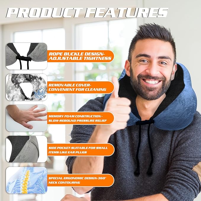 Travel Pillow 3-in-1 Memory Foam Ergonomic Neck Support Pillow for Airplanes with Ear Plugs & Eye Mask | Machine Washable Travel Pillow for Long Flights, Road Trips & Camping (grey+dark blue)