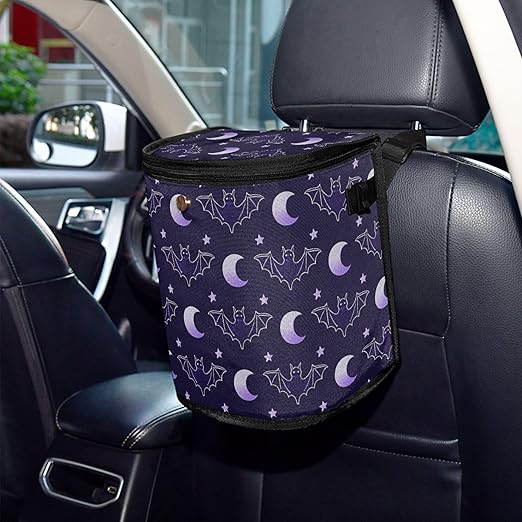 MNSRUU Car Trash Can with Lid, Bats Moon Car Trash Bag Hanging Organizers and Storage for Front Back Seat, Leak-Proof Trash Bin