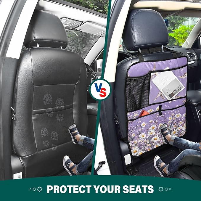 Purple Daisy Flowers and Flying Birds 1 Pack Backseat Car Organizer with Storage Pockets Seat Back Organizers for Kids Kick Mats Backseat Protector Automotive
