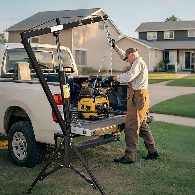 1000lbs Receiver Hitch Mounted Hydraulic 360° Swivel Truck Crane with 3 Boom Capacity Options: 500lbs, 750lbs, 1000lbs. Ideal for Workshops, Construction, Agriculture, and Logging, Black