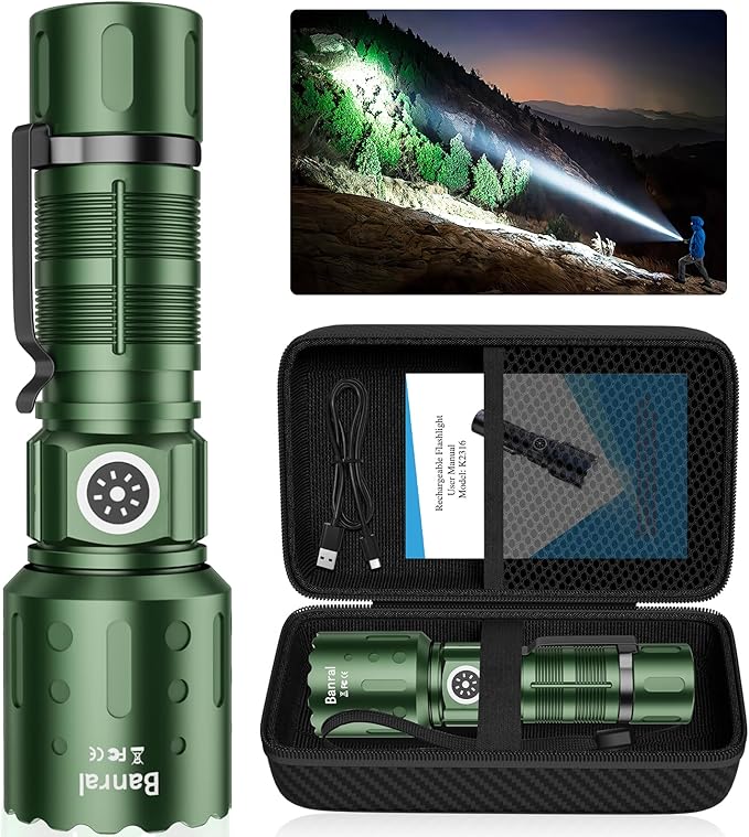 Banral Flashlights High Lumens Rechargeable, Super Bright Long Range Small Powerful Flashlight, 6 Modes LED Tactical Pocket Waterproof Flash Light for Home Emergency (1, Green)